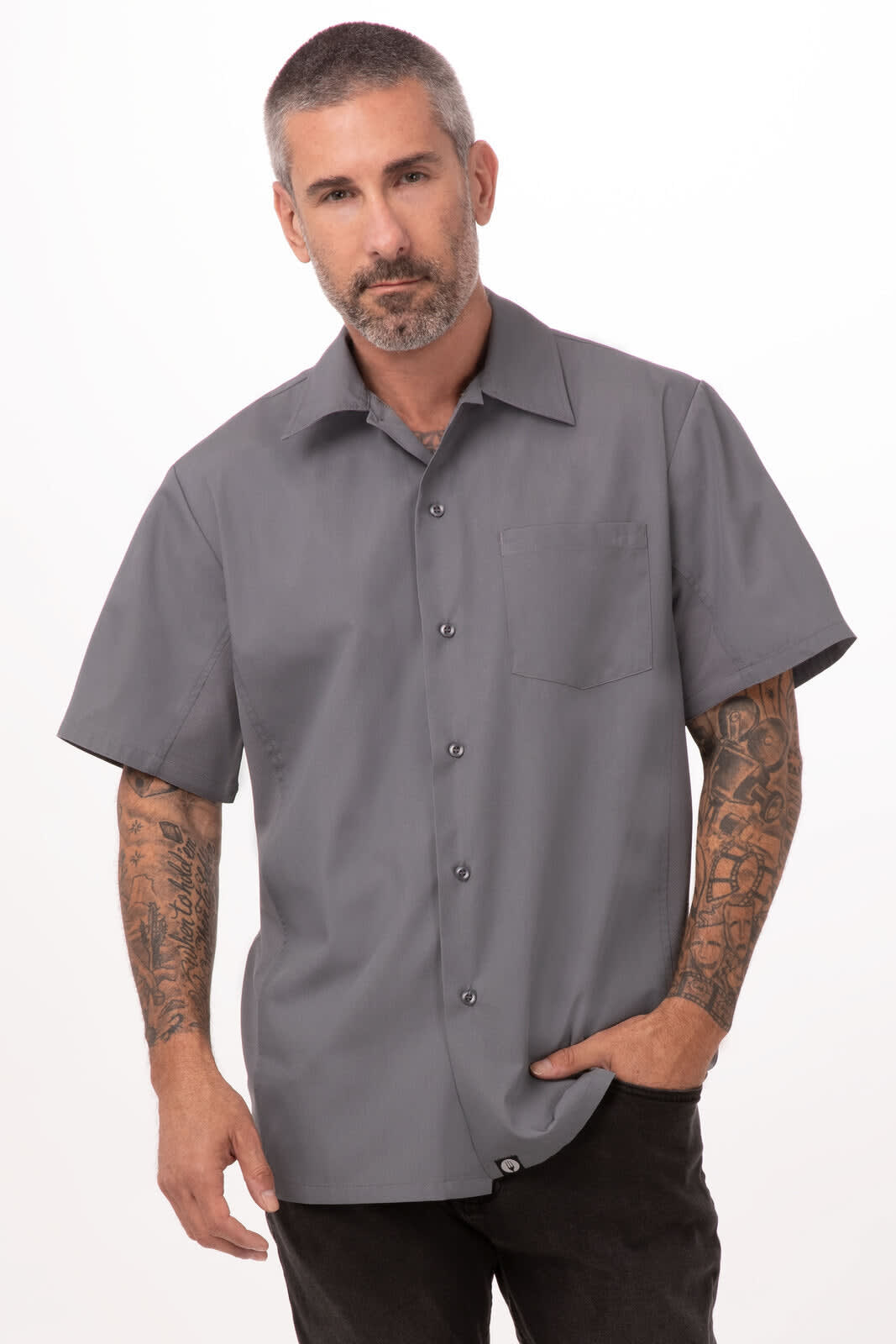 A grey short-sleeve men's shirt with a pocket and a logo on the chest. Features a classic button-up design.