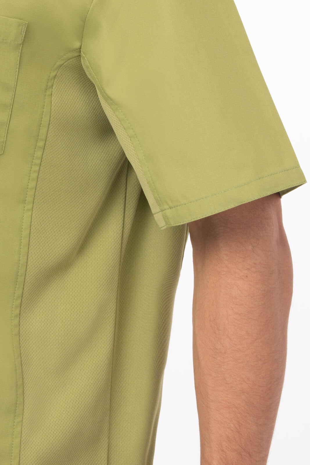 A men's shirt in a light green colour featuring a short sleeve and a subtle branding detail.