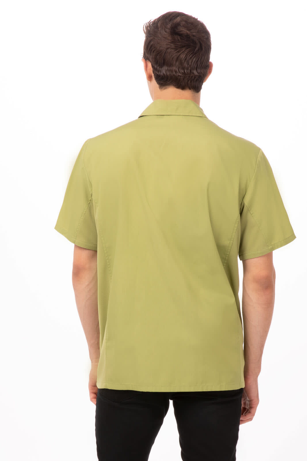 A short-sleeved men's shirt in olive green, featuring a simple design and a logo on the back.