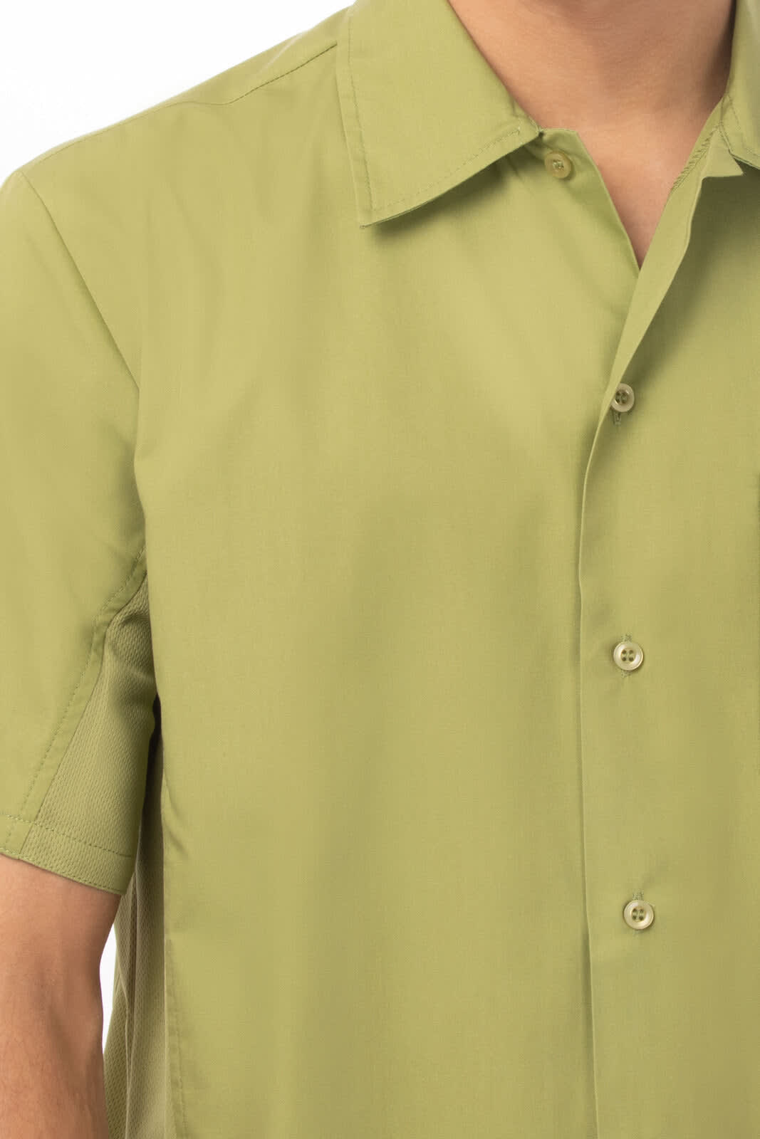 A short-sleeved men's shirt in a light olive green colour, featuring a collar and buttons, with a logo present.