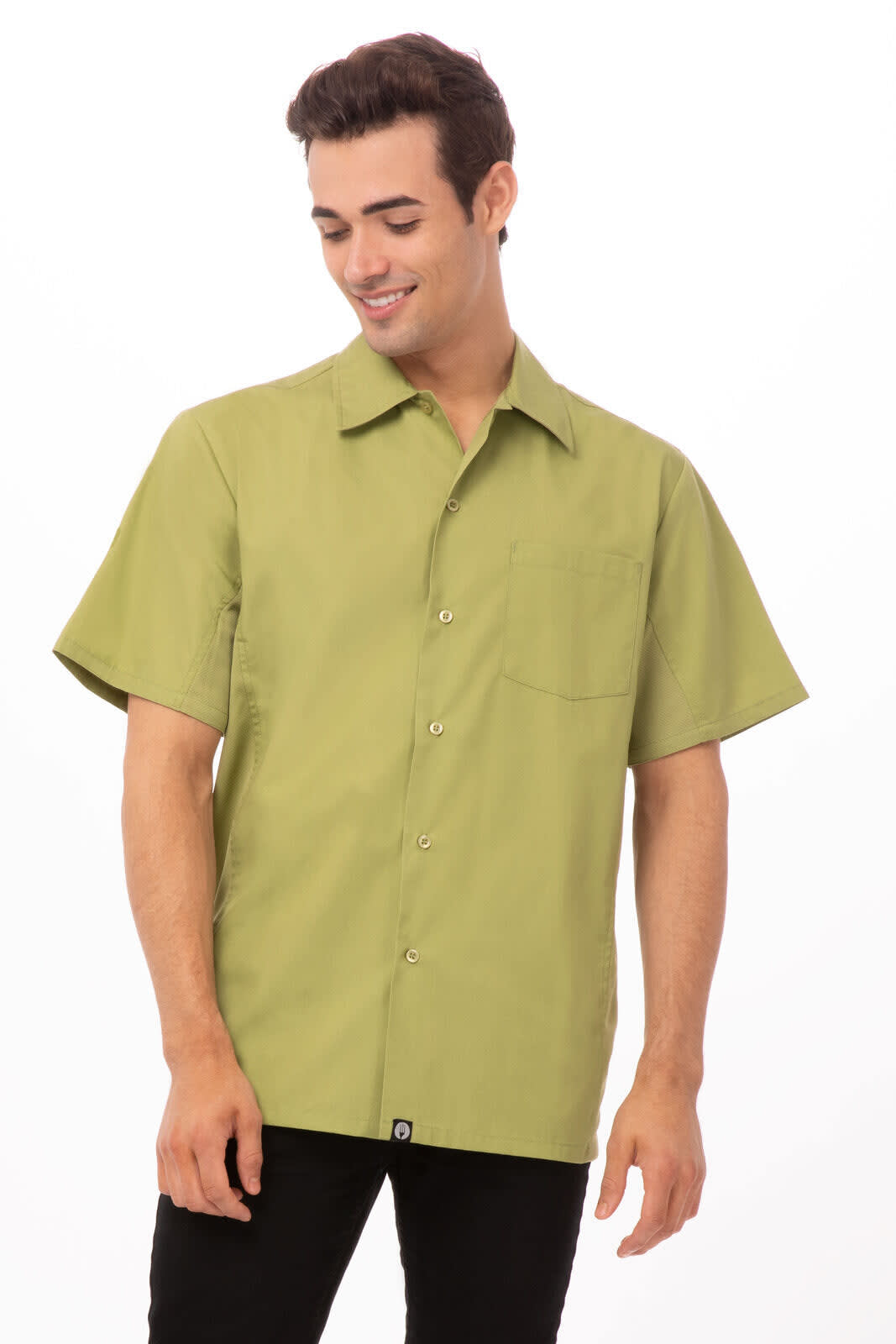 A short-sleeved men's shirt in olive green with a pocket and a logo on the lower hem.
