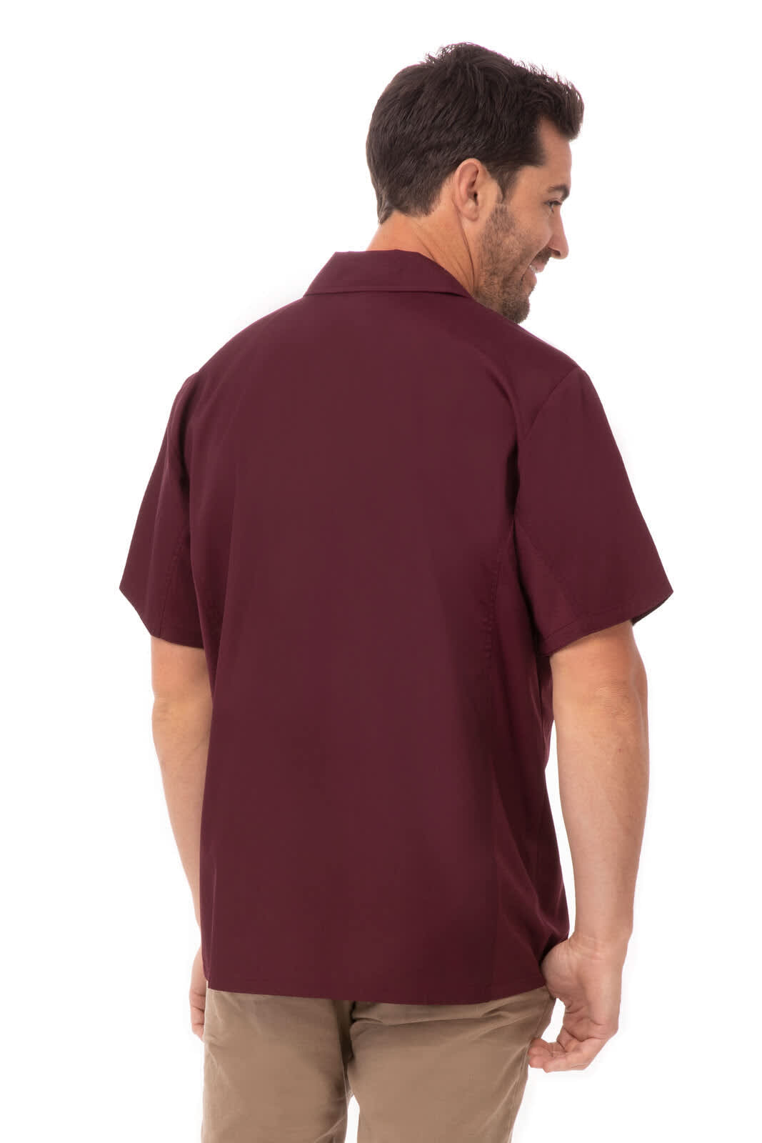 A maroon short-sleeved men's shirt with a collar, featuring a logo. It has a classic fit design.