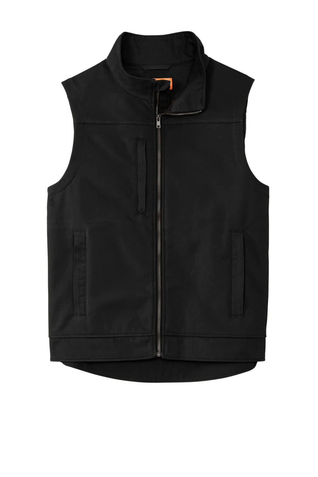 A black soft shell vest with a zip front, featuring two front pockets and a stand-up collar.