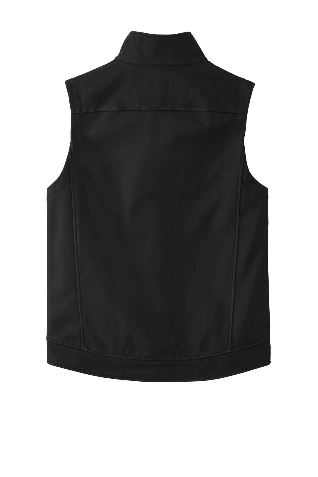 A black soft shell vest with a high collar and a back view, featuring a logo. Perfect for workwear.