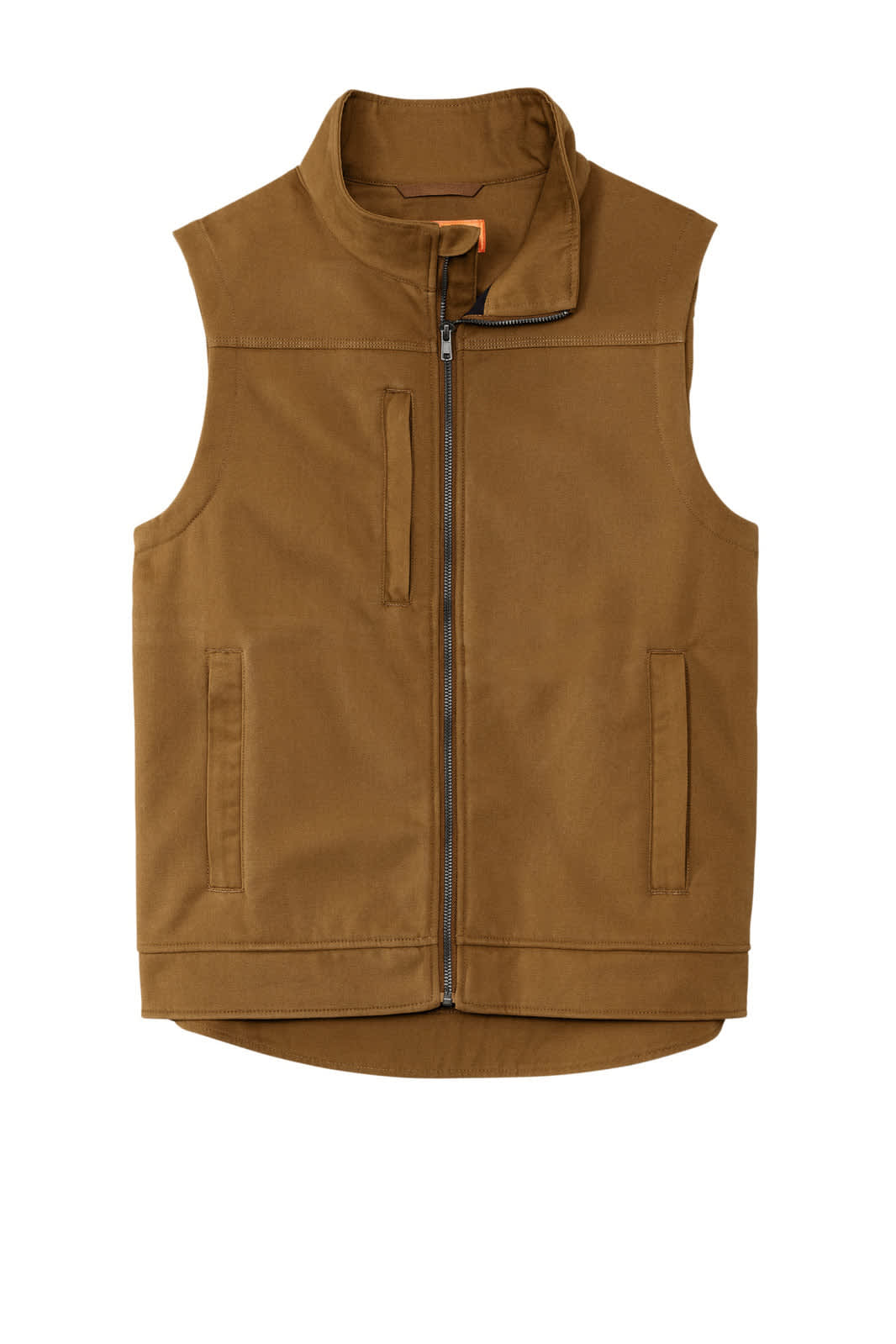 A brown soft shell vest with a high collar, front zip, and two side pockets. It features a logo.