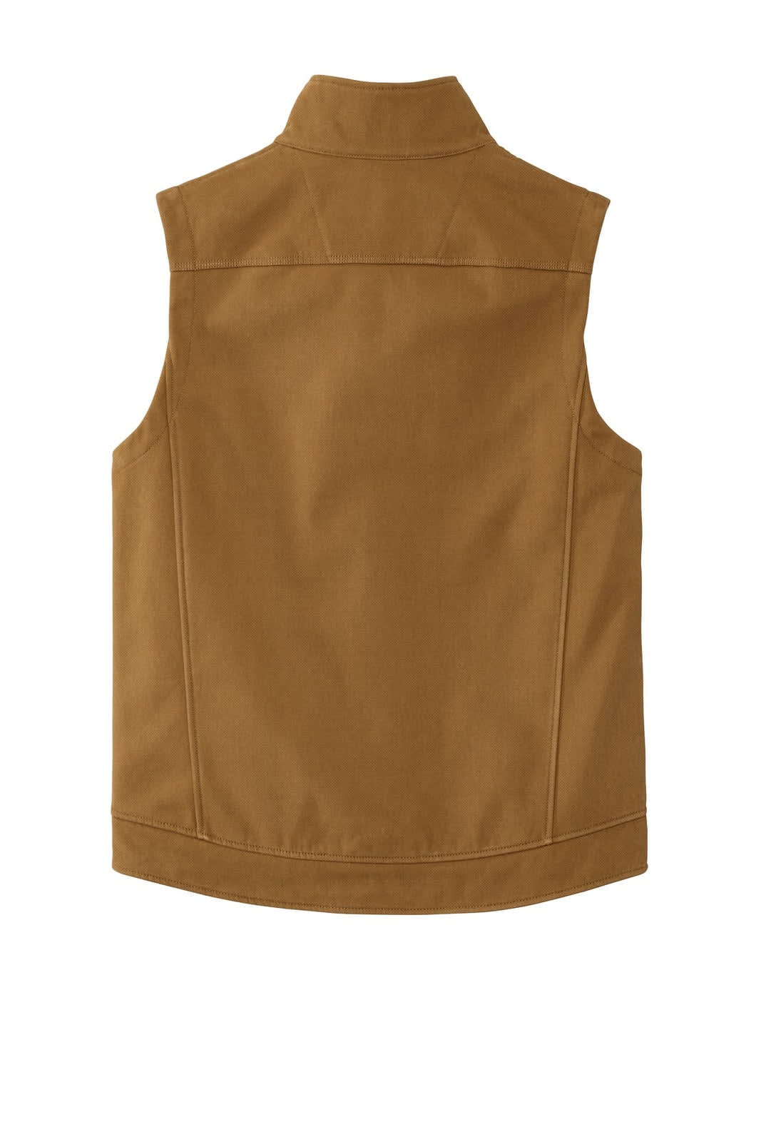 A brown soft shell vest featuring a high collar and a fitted design. It includes a logo.