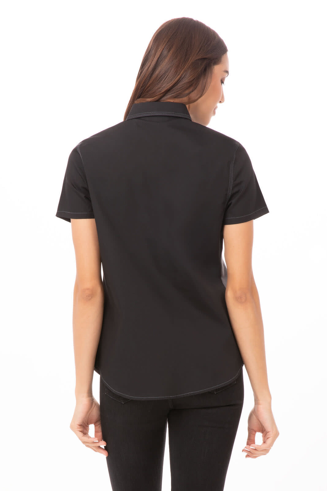 A black women's shirt with a collar and short sleeves, featuring a curved hem and a logo on the back.