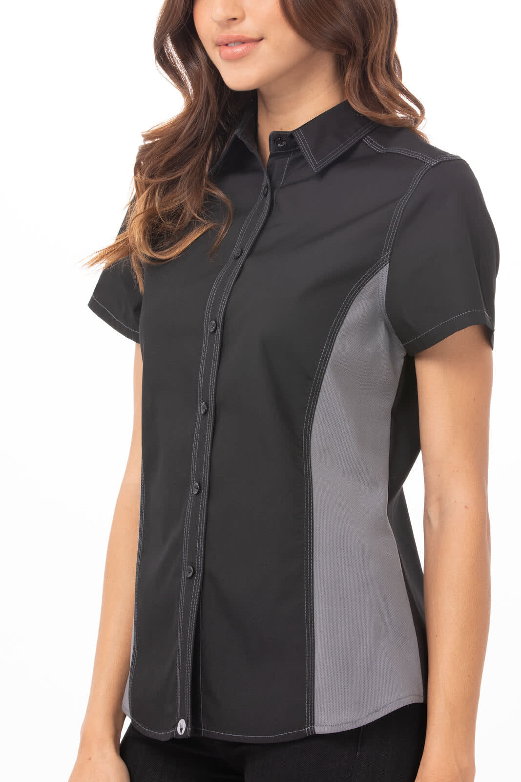A black and grey women's contrast shirt with short sleeves and a button-up front. Features a logo on the chest.