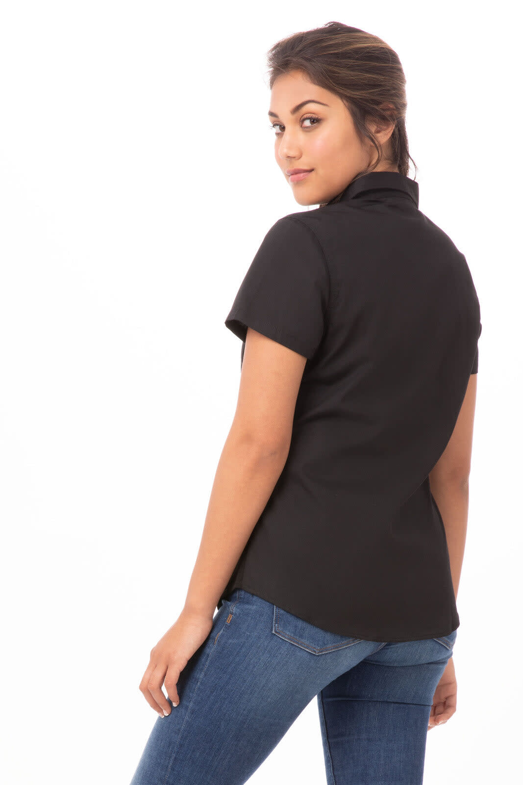 A black women's shirt with short sleeves, featuring a collar and a fitted design, showcased on a model.