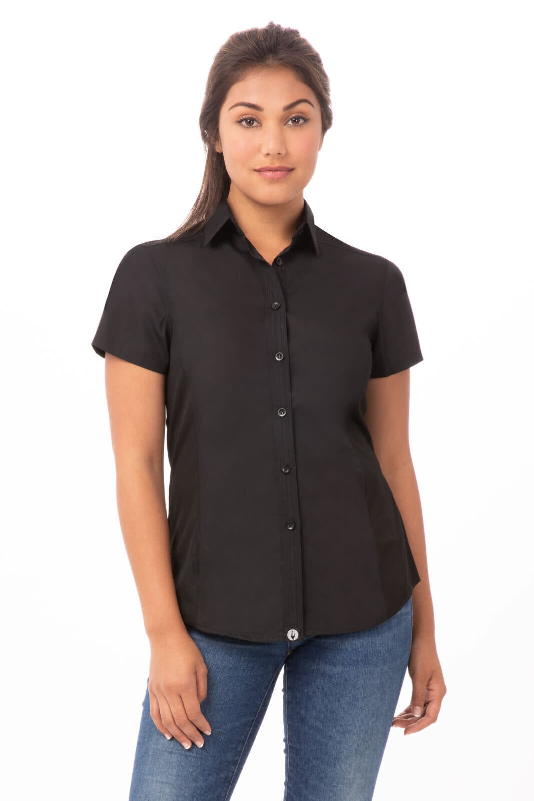 A black short-sleeved women's shirt with a collar and button-up front, worn with blue jeans.