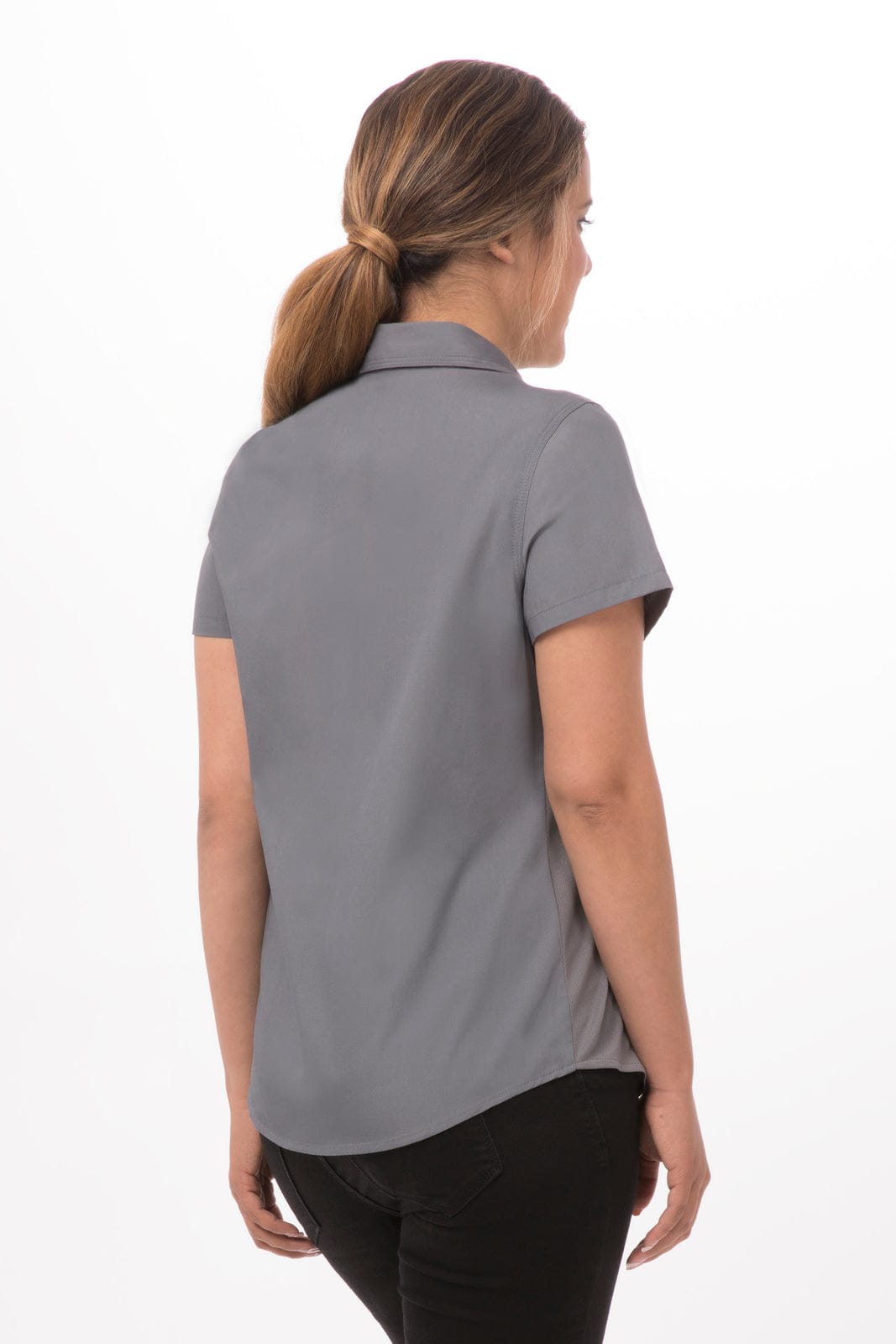 A grey women's shirt with short sleeves and a collar, featuring a slight curved hem at the back.
