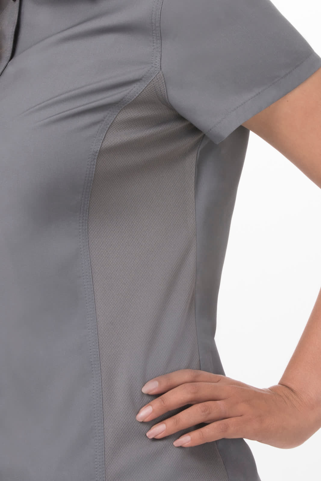 A grey women's shirt featuring a fitted design and short sleeves, with a subtle side panel.