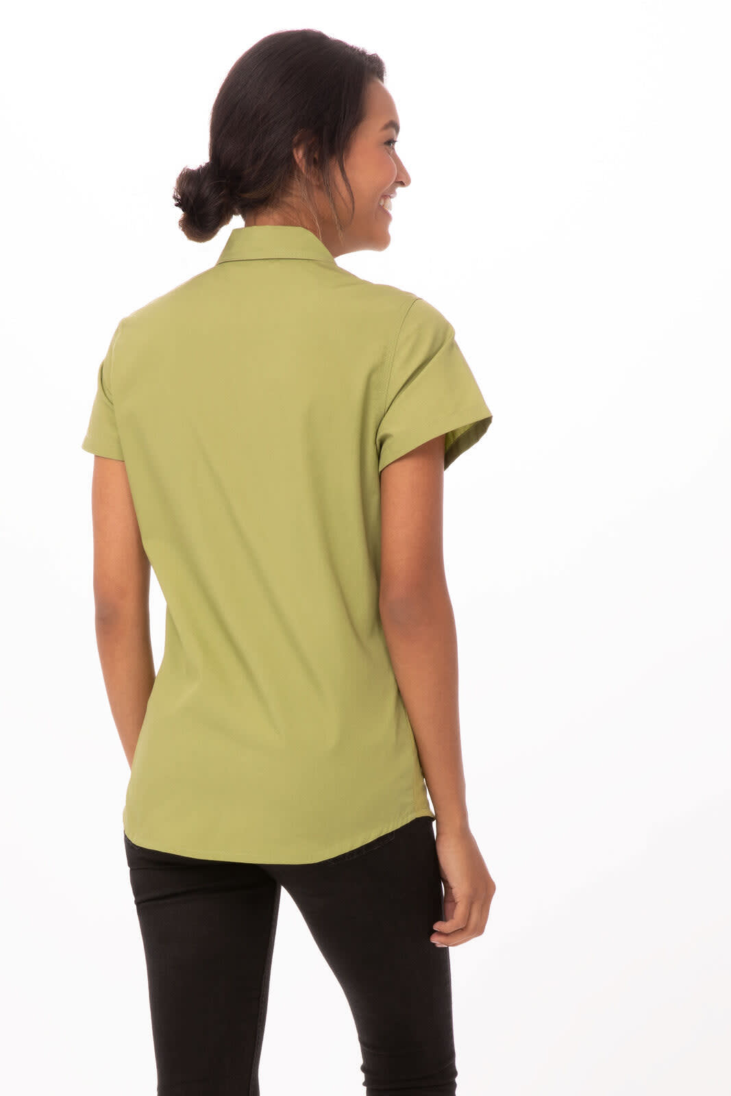 A woman wearing a short-sleeved, olive green shirt, viewed from the back. The shirt has a collar and rolled sleeves.