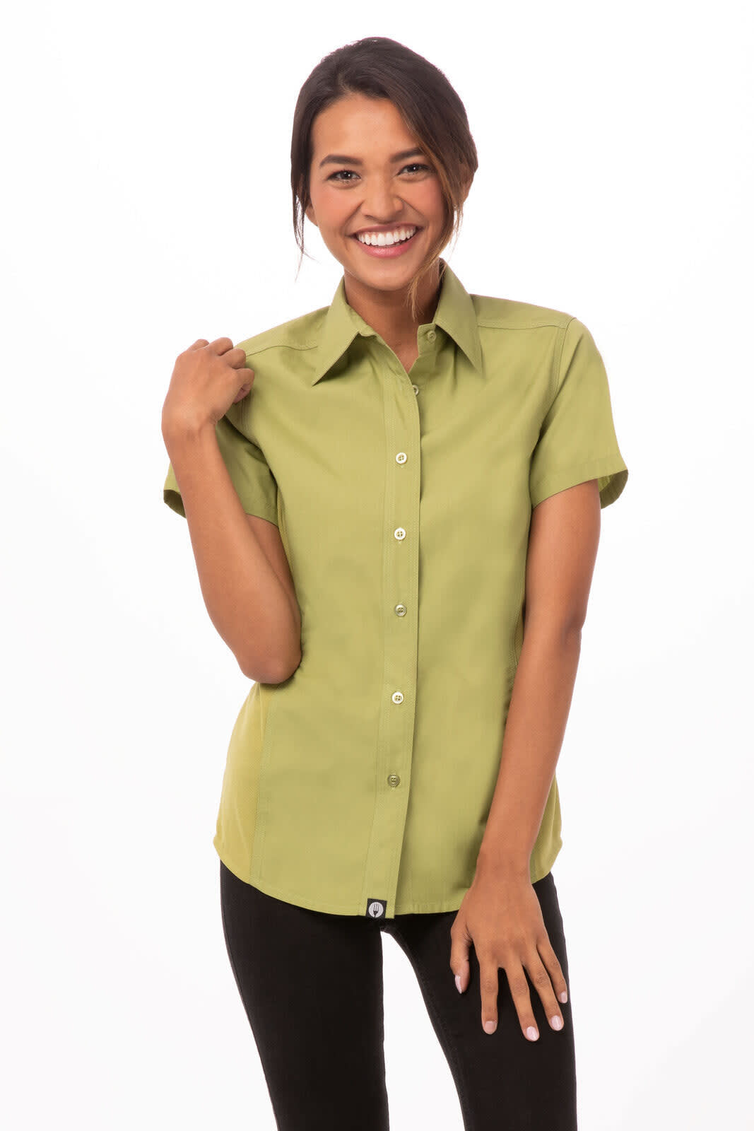 A short-sleeved, olive green women's shirt featuring a button-up design and a logo on the label.