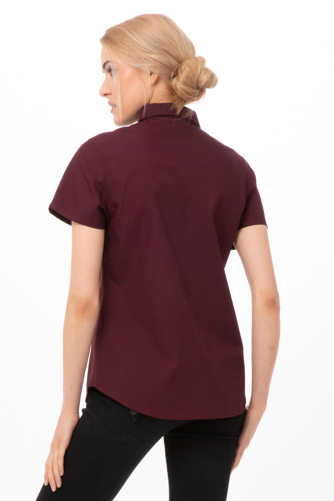A maroon women's shirt with short sleeves and a high collar, featuring a logo.