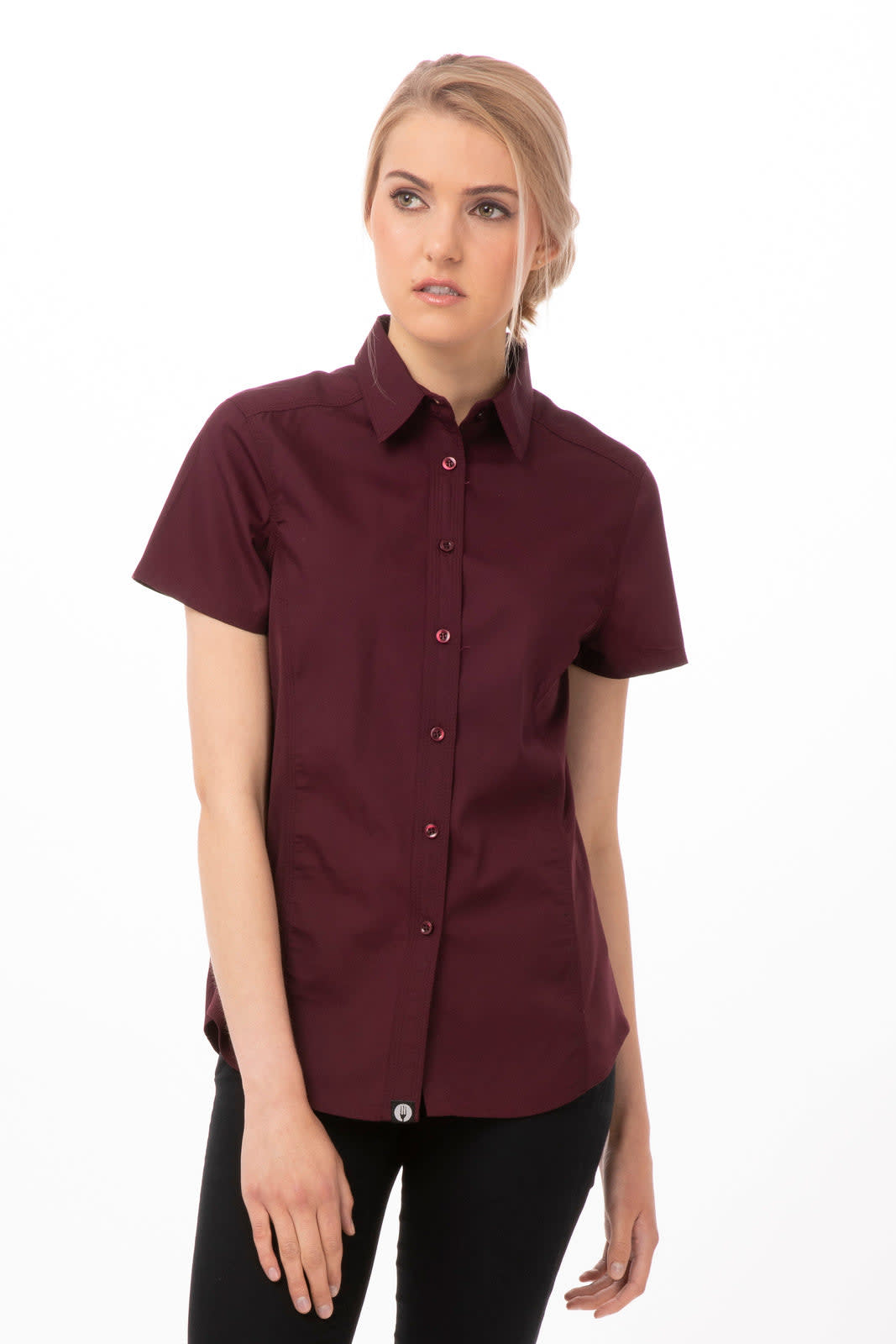 A burgundy shirt with short sleeves and a button-up front, featuring a collar and a logo.