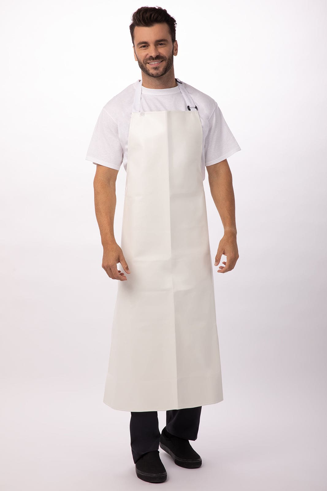 A white PVC bib apron worn by a model, featuring a simple design and no visible branding.