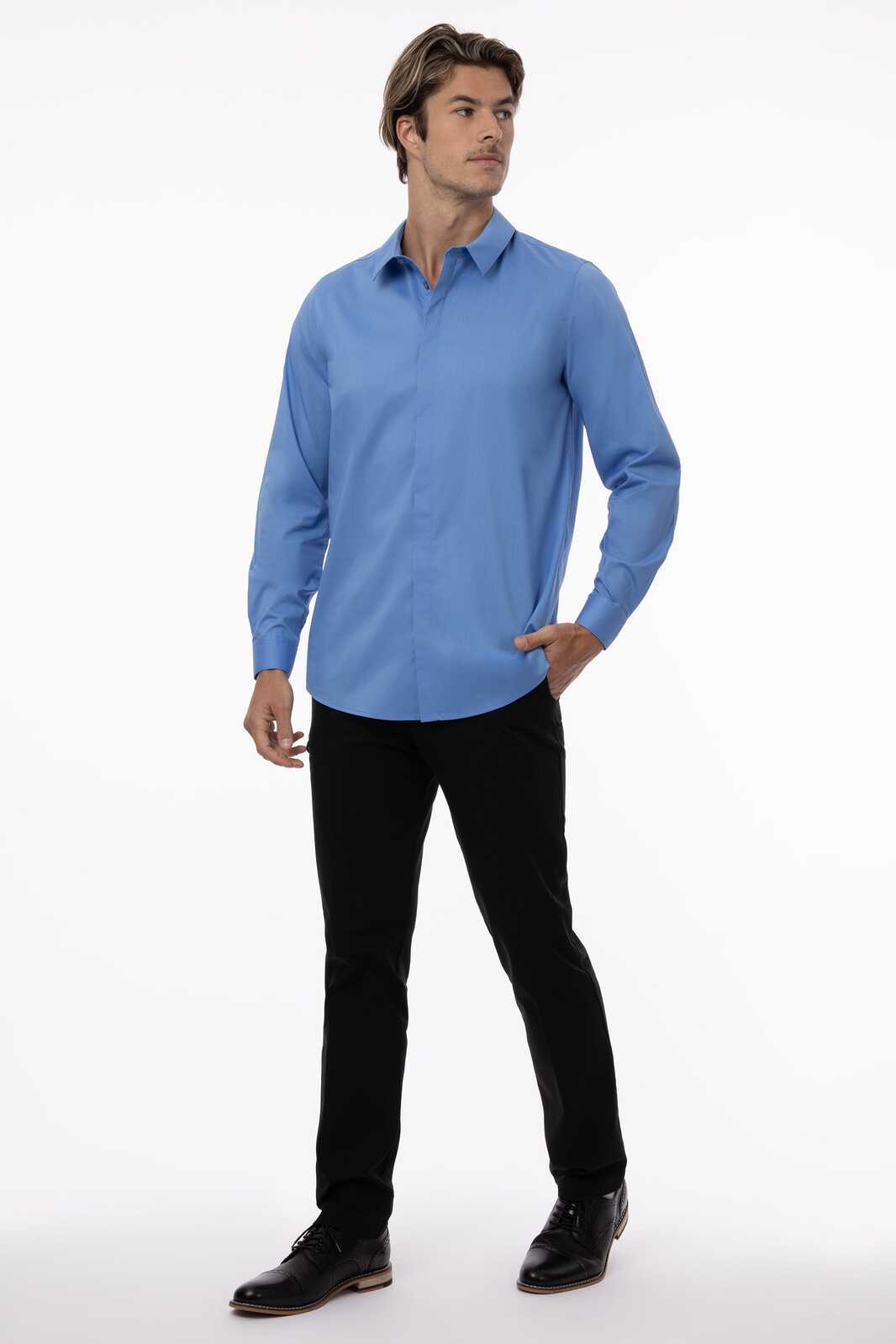 A blue formal men's dress shirt with long sleeves, worn with black trousers and shoes. The shirt has a logo.