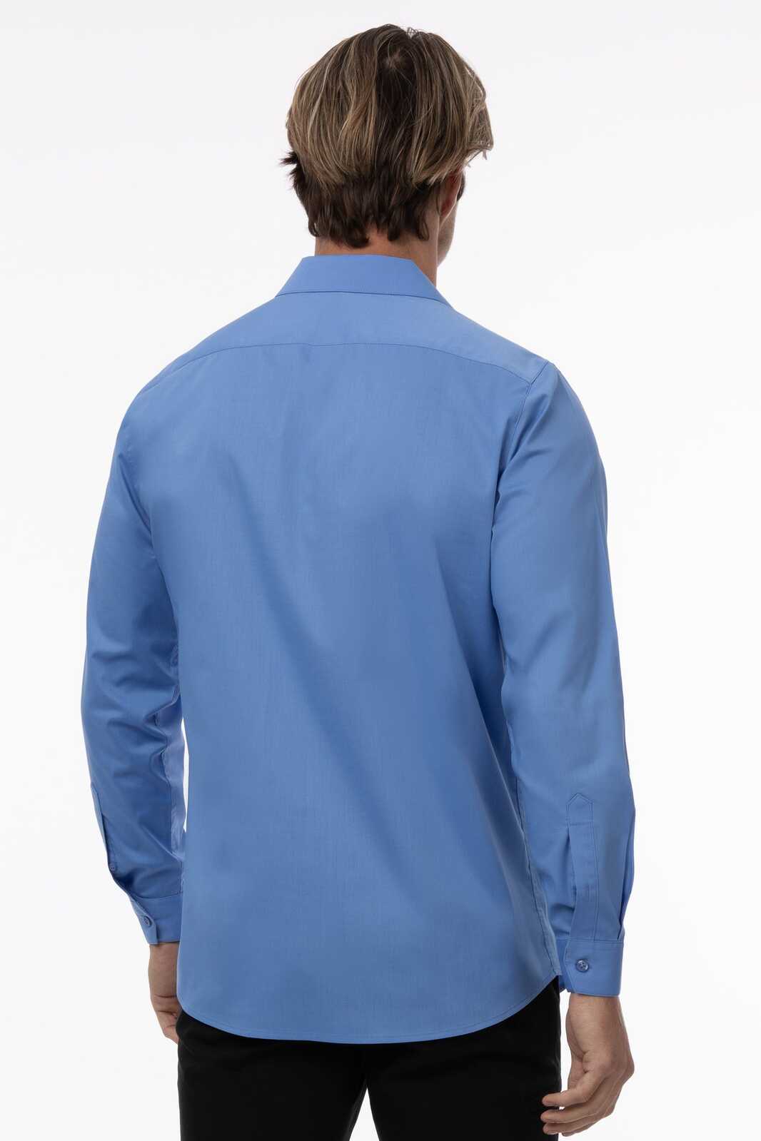A blue premium formal men's dress shirt, featuring a button-up design and long sleeves. The shirt has a logo on it.