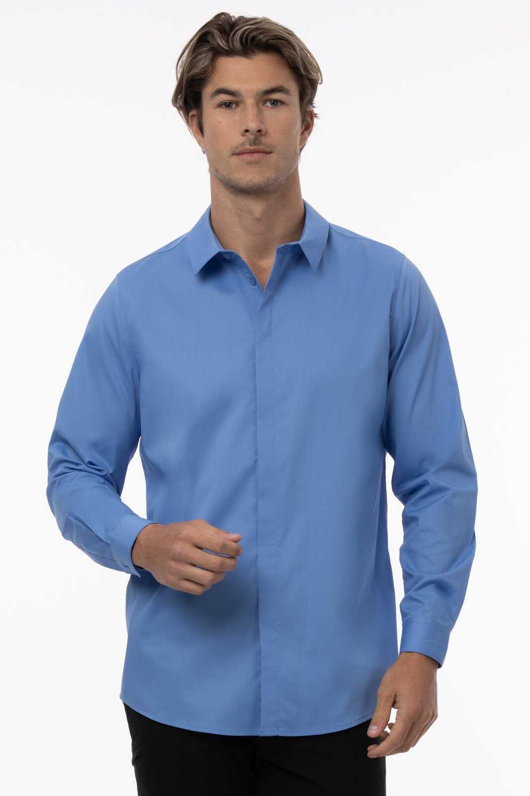 A formal men's dress shirt in light blue, featuring a button-up front and long sleeves. It has a logo on the chest.