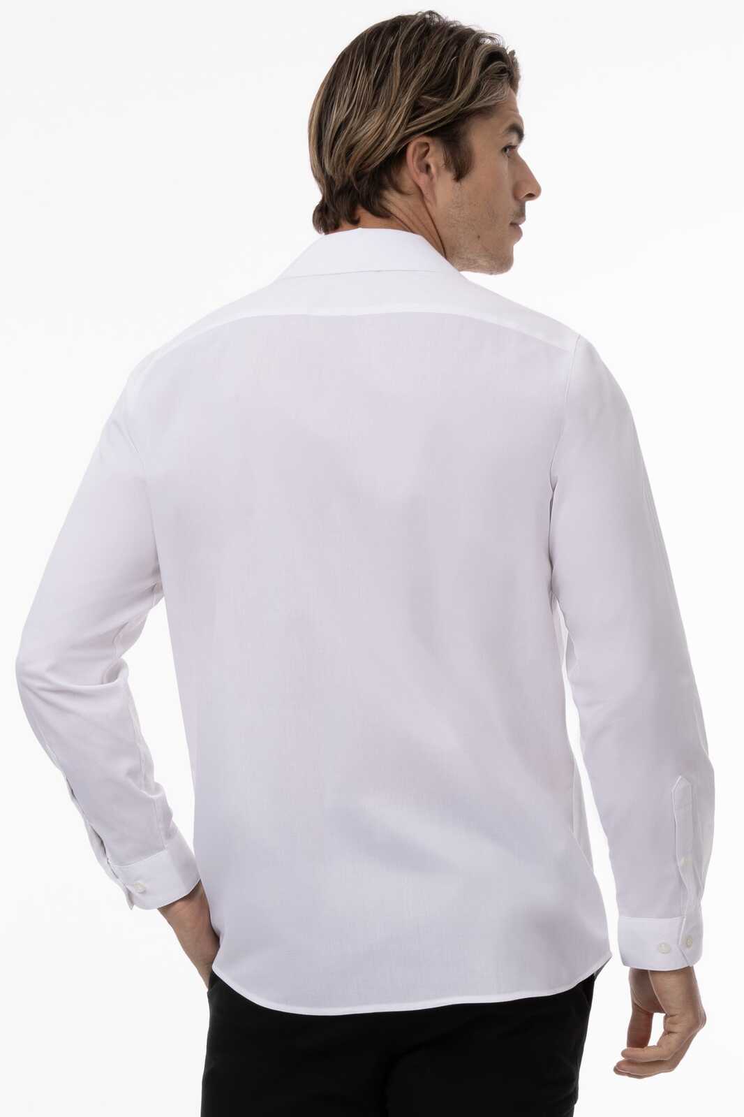 A white premium formal men's dress shirt viewed from the back, featuring long sleeves and a collar.
