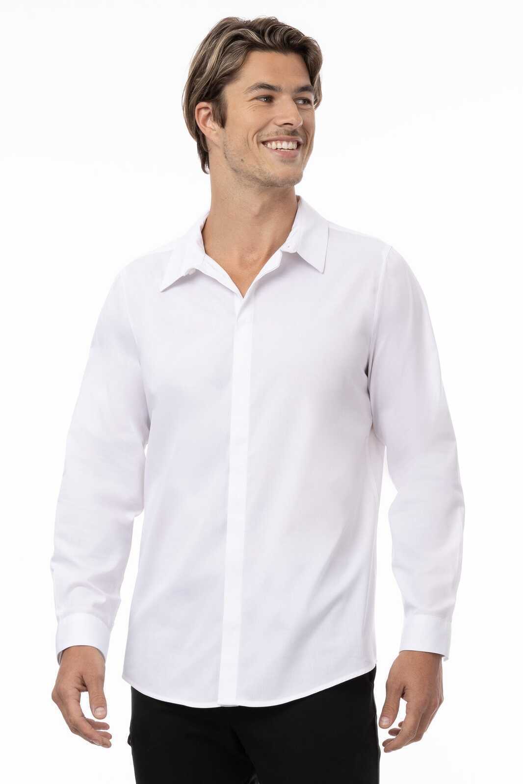 A premium formal men's dress shirt in white, featuring a button-up design and a logo on the fabric.