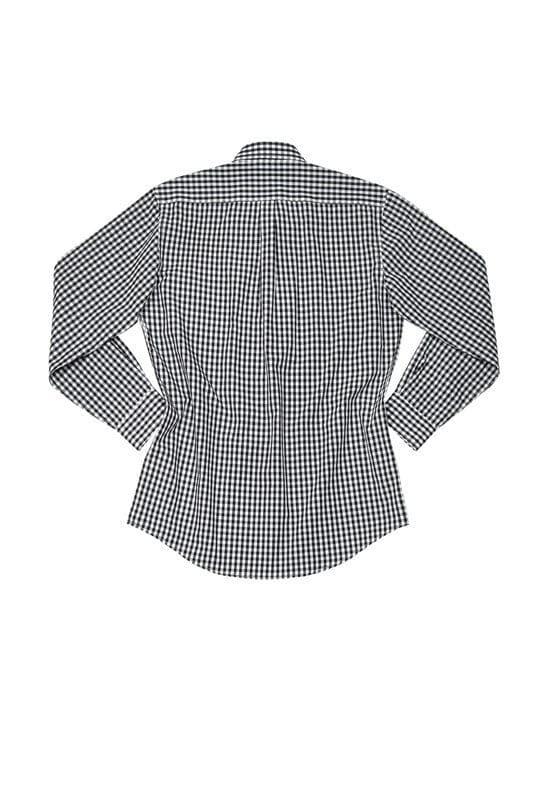 A black and white checked men's dress shirt with a button-up front and long sleeves, featuring a logo.