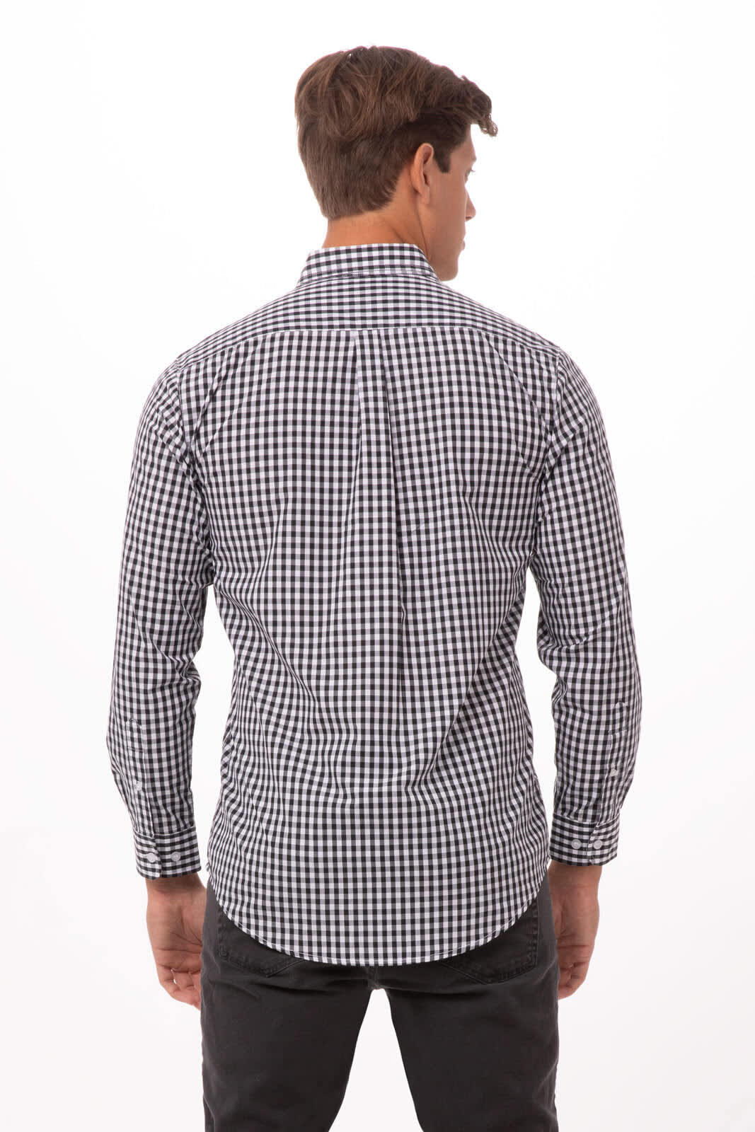 A men's dress shirt in a black and white check pattern, featuring a button-up design and a collar, viewed from the back.