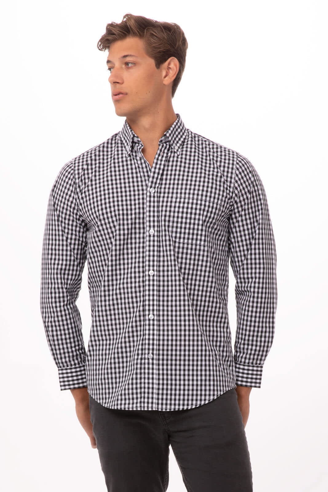 A men's button-up dress shirt featuring a black and white checkered pattern, with a collar and long sleeves.