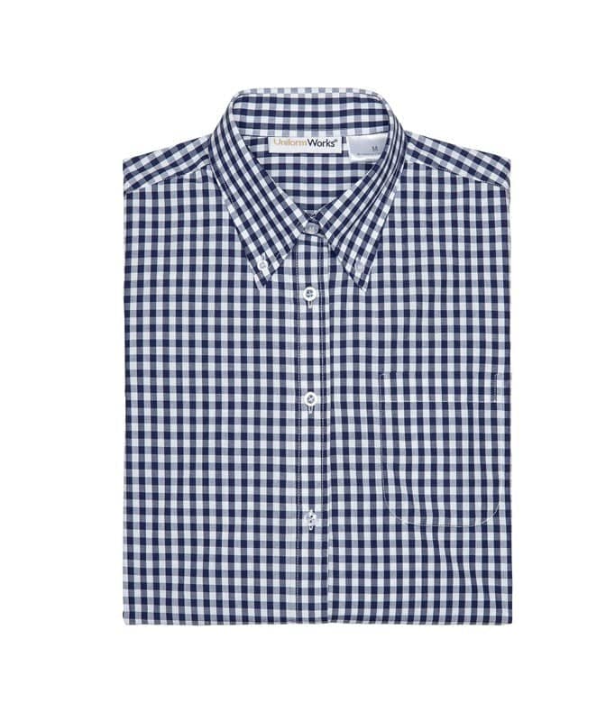 A button-up shirt in navy and white gingham with a classic collar and single button. Features a logo on the label.