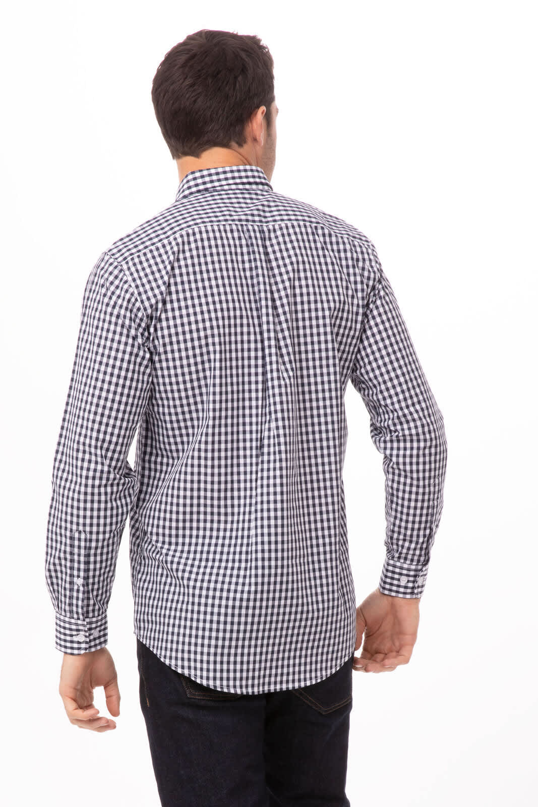 A men's button-up shirt featuring a black and white check pattern, shown from the back. Includes a logo.