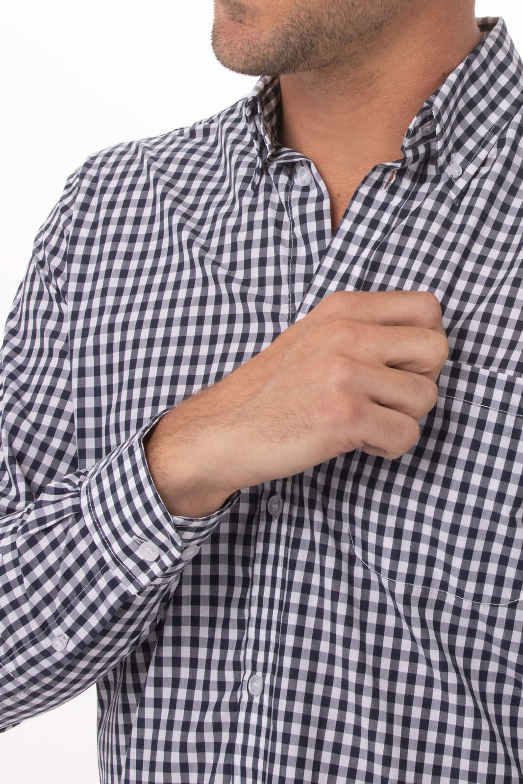 A men's dress shirt in a navy and white check pattern, featuring a button-up design and a chest pocket.