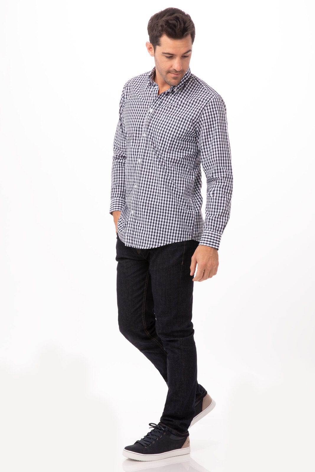 A men's dress shirt in white and navy check pattern, featuring long sleeves and a button-up design.