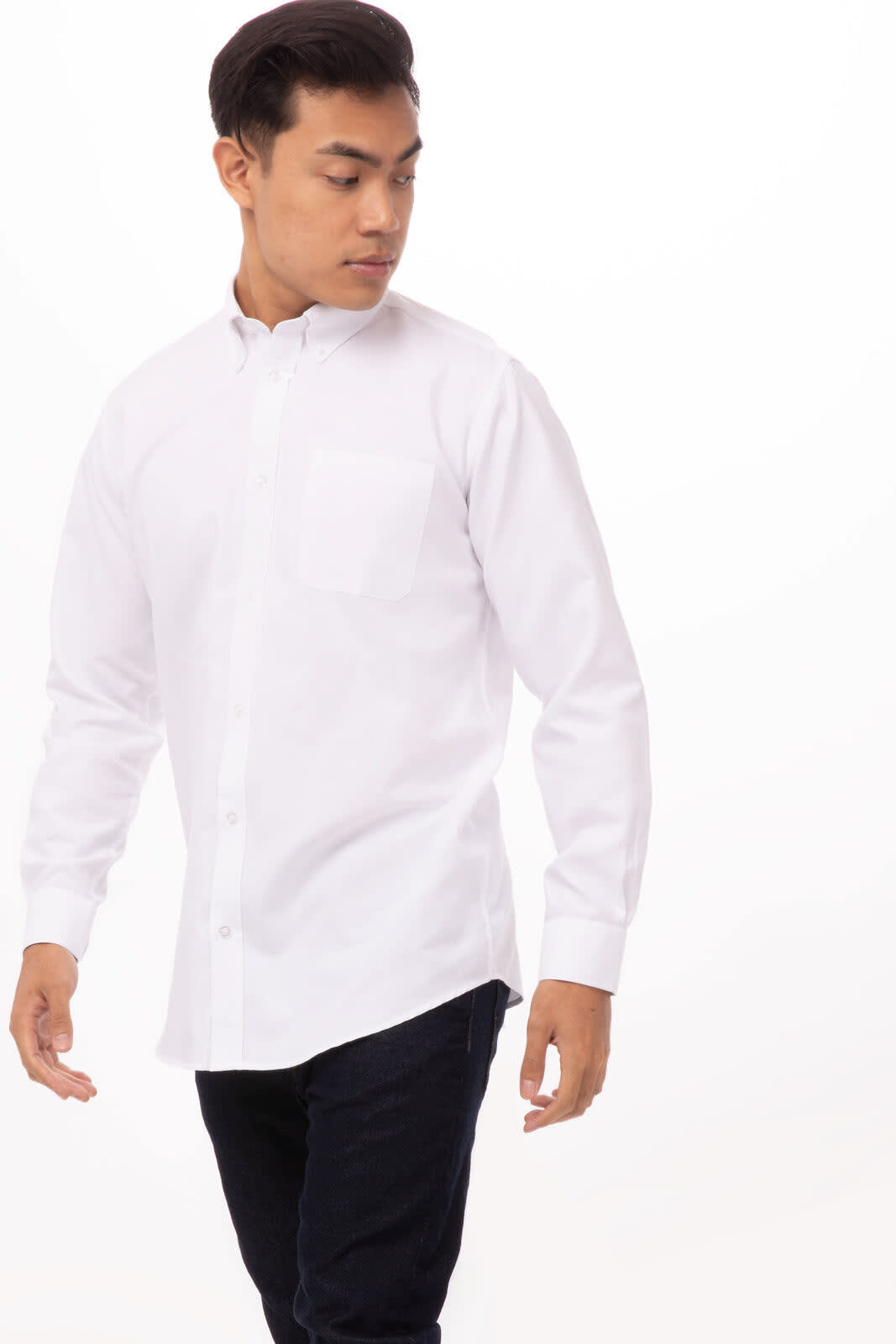 A white Oxford men's dress shirt with a button-up front and long sleeves, featuring a single chest pocket.