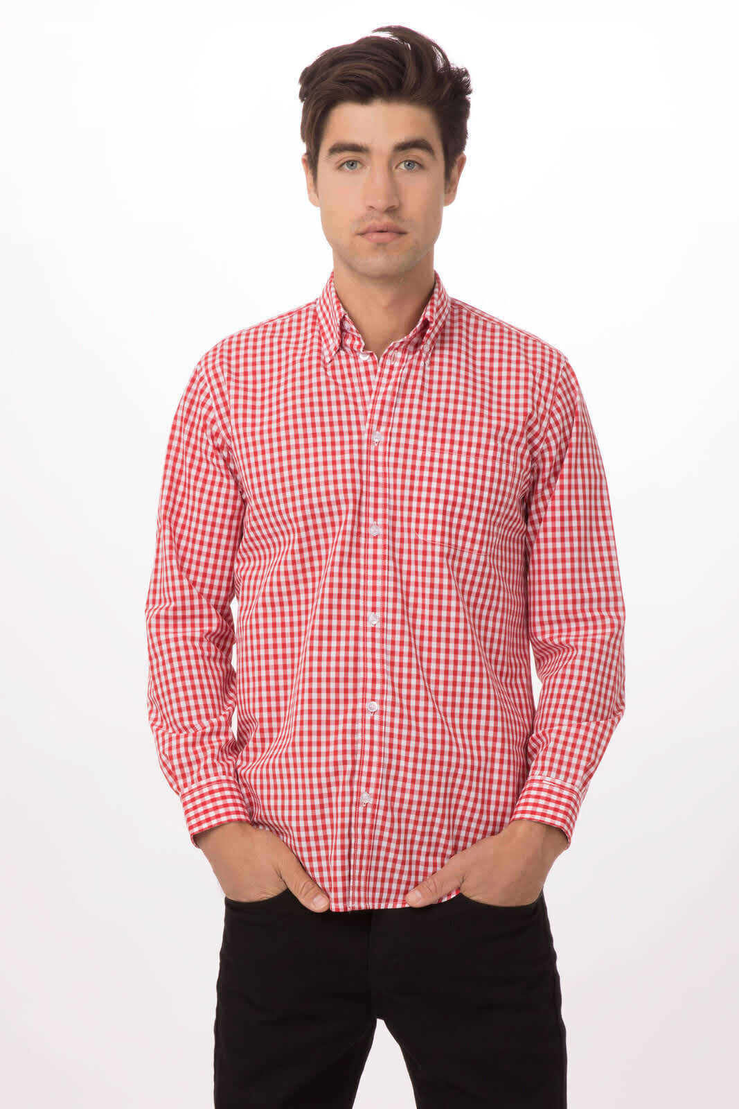 A red and white checked button-up shirt displayed on a model, featuring a collar and long sleeves.