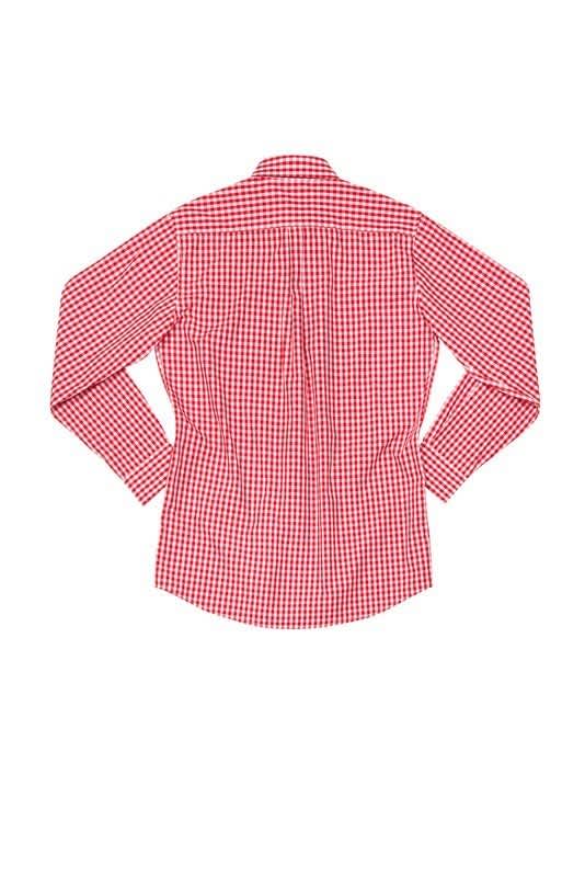 A red and white checked button-up shirt with long sleeves and a back yoke detail. Features a logo.