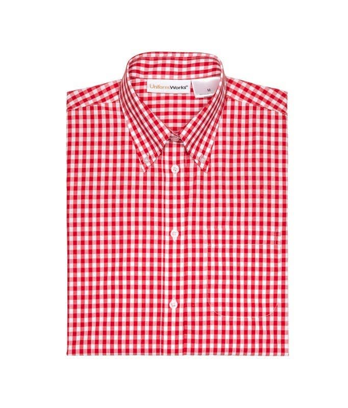 A red and white checked button-up shirt with a collar, featuring a logo on the label.