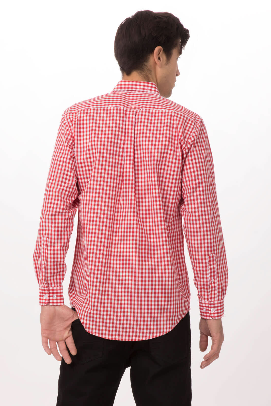 A red and white checked button-up shirt displayed from the back. It features a collar and long sleeves.