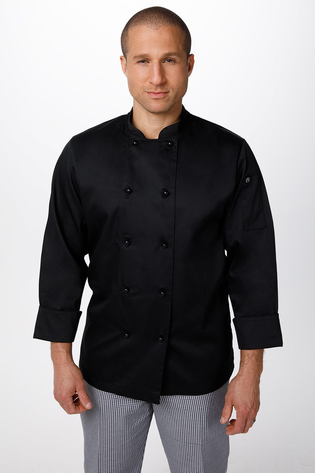 A black men's chef jacket with double-breasted buttons and long sleeves, worn by a model. It features a logo.
