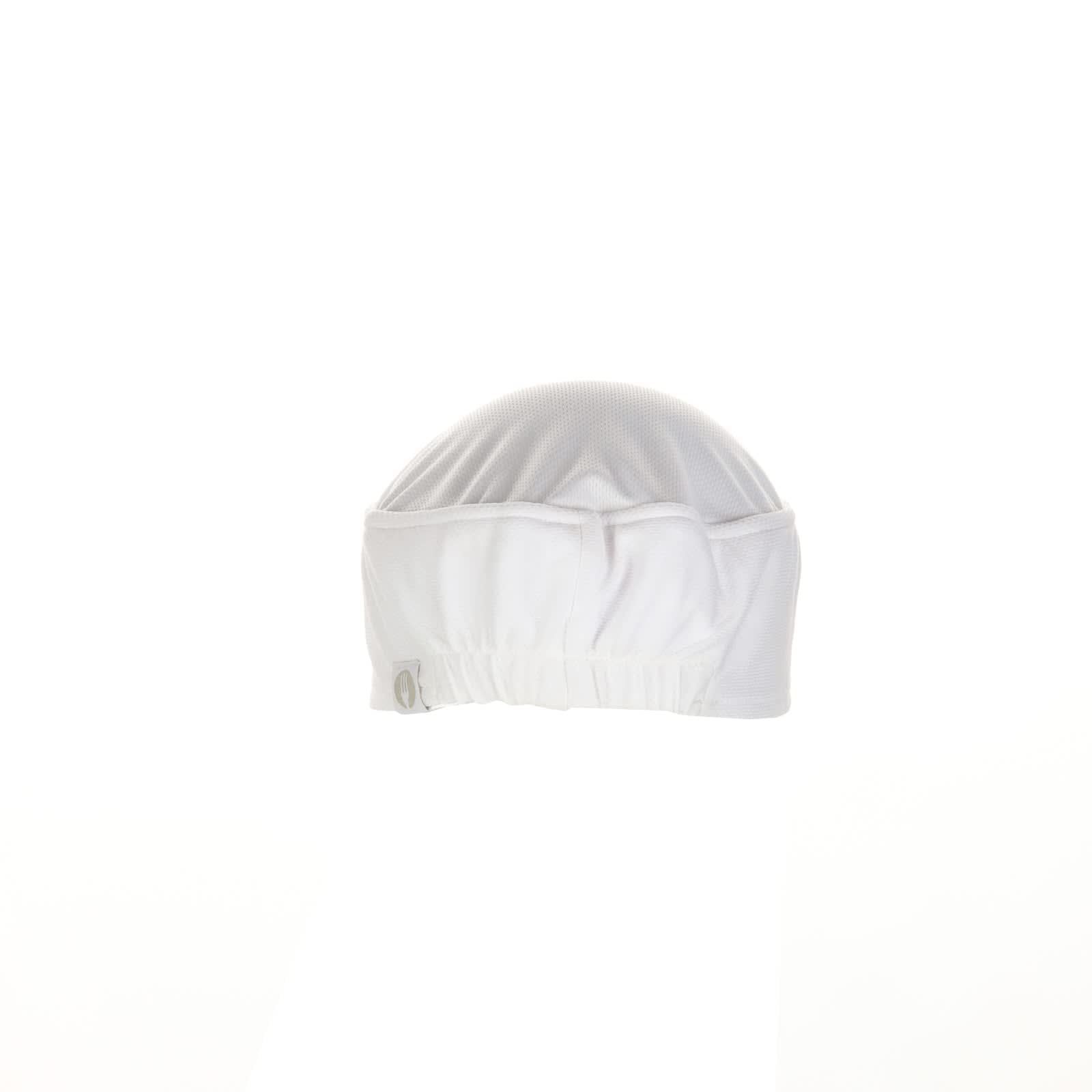 A white beanie with a gathered design and a small logo. Suitable for headwear in cooler weather.