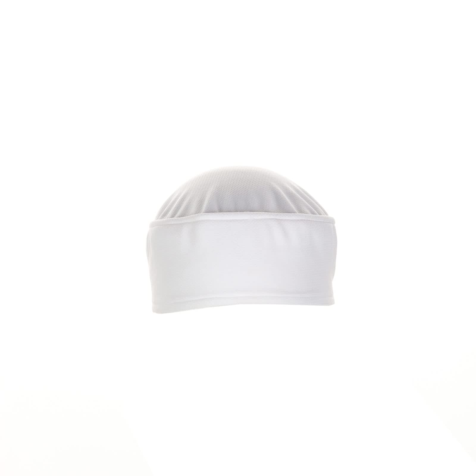 A white beanie with a soft, stretchy design and a logo on the front. Ideal for headwear.