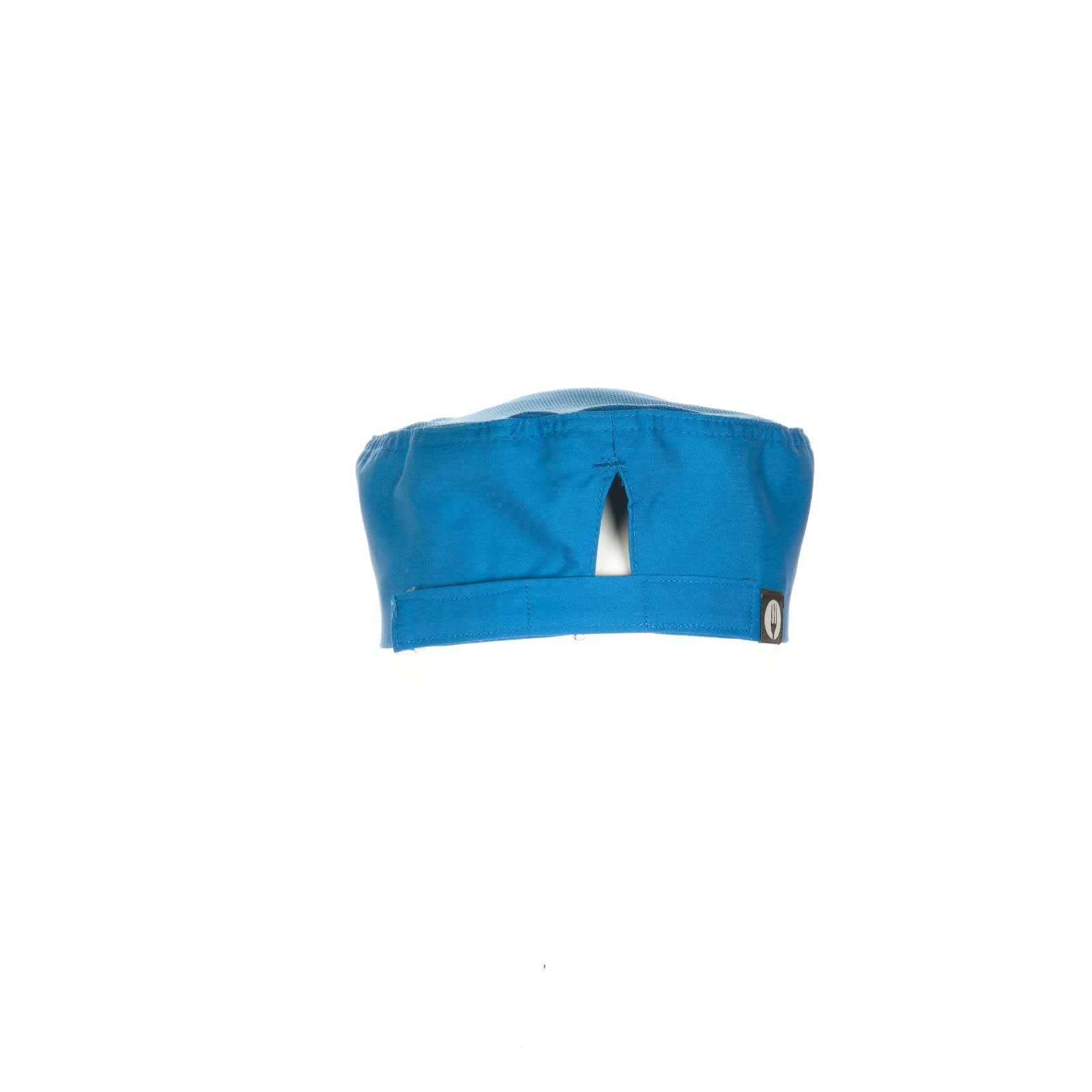A blue chef beanie featuring a back vent and a small logo. The fabric is lightweight and designed for comfort.