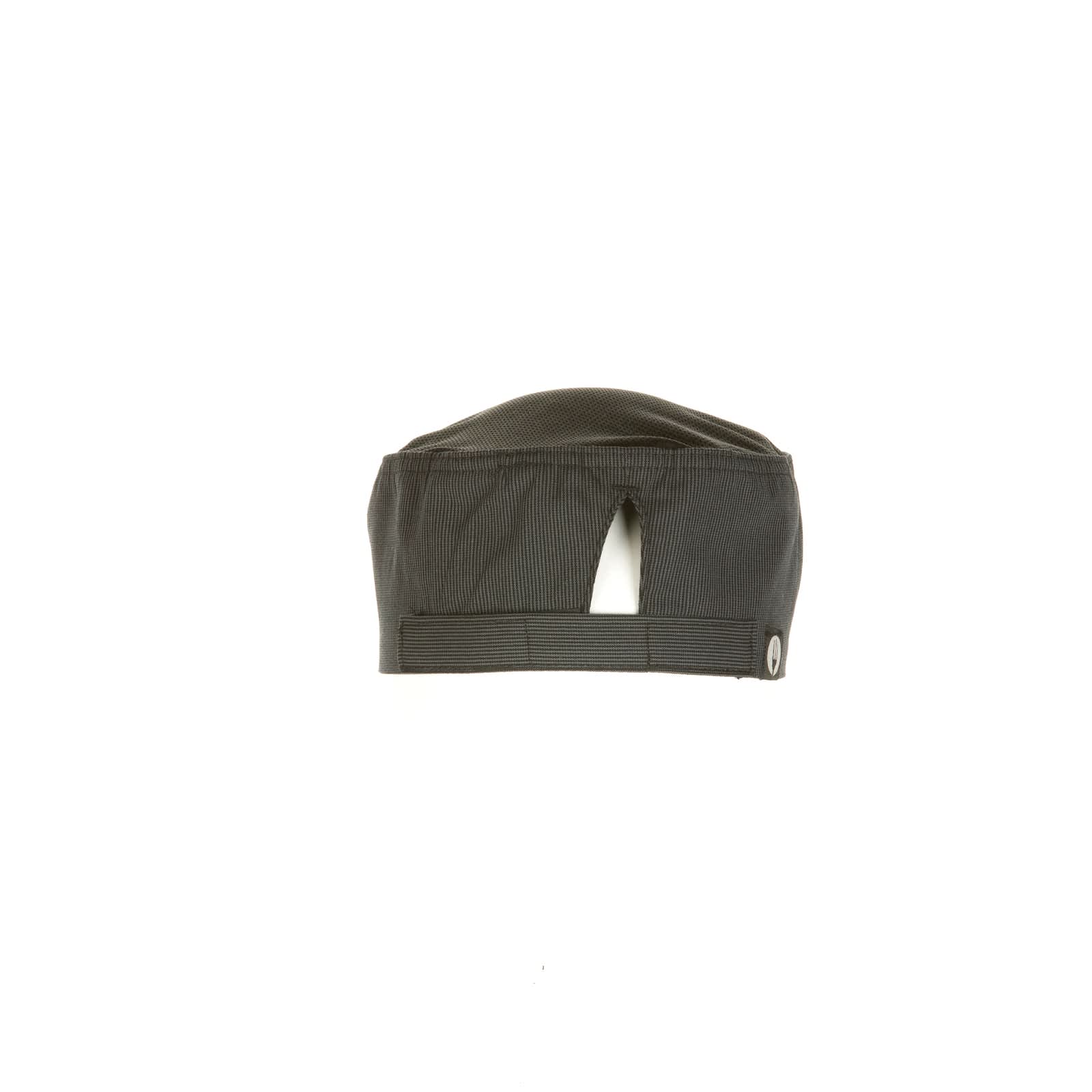 A chef beanie in dark grey with a vent at the back and an adjustable strap, featuring a small logo.