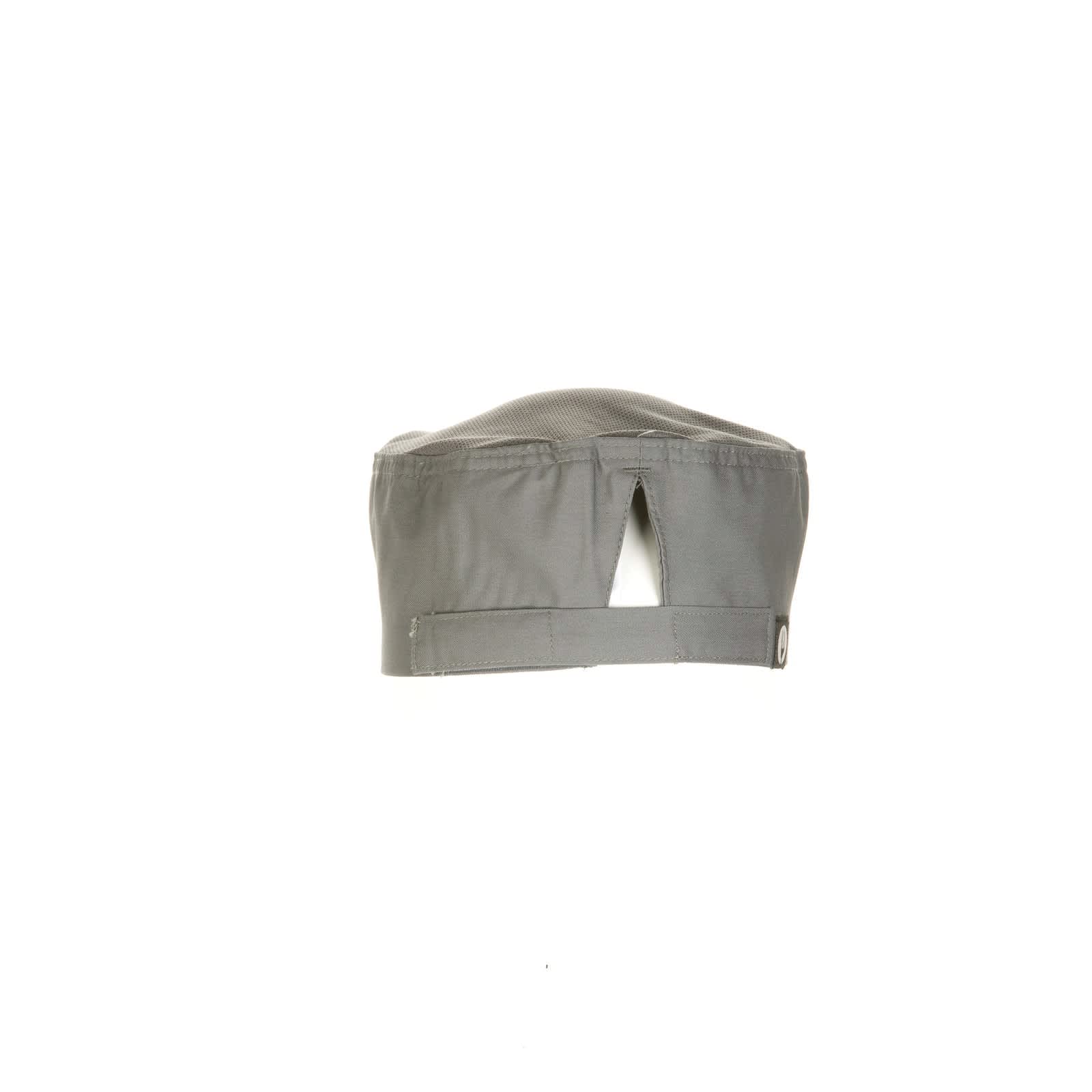 A grey chef beanie with a mesh top and an adjustable strap at the back, featuring a logo.
