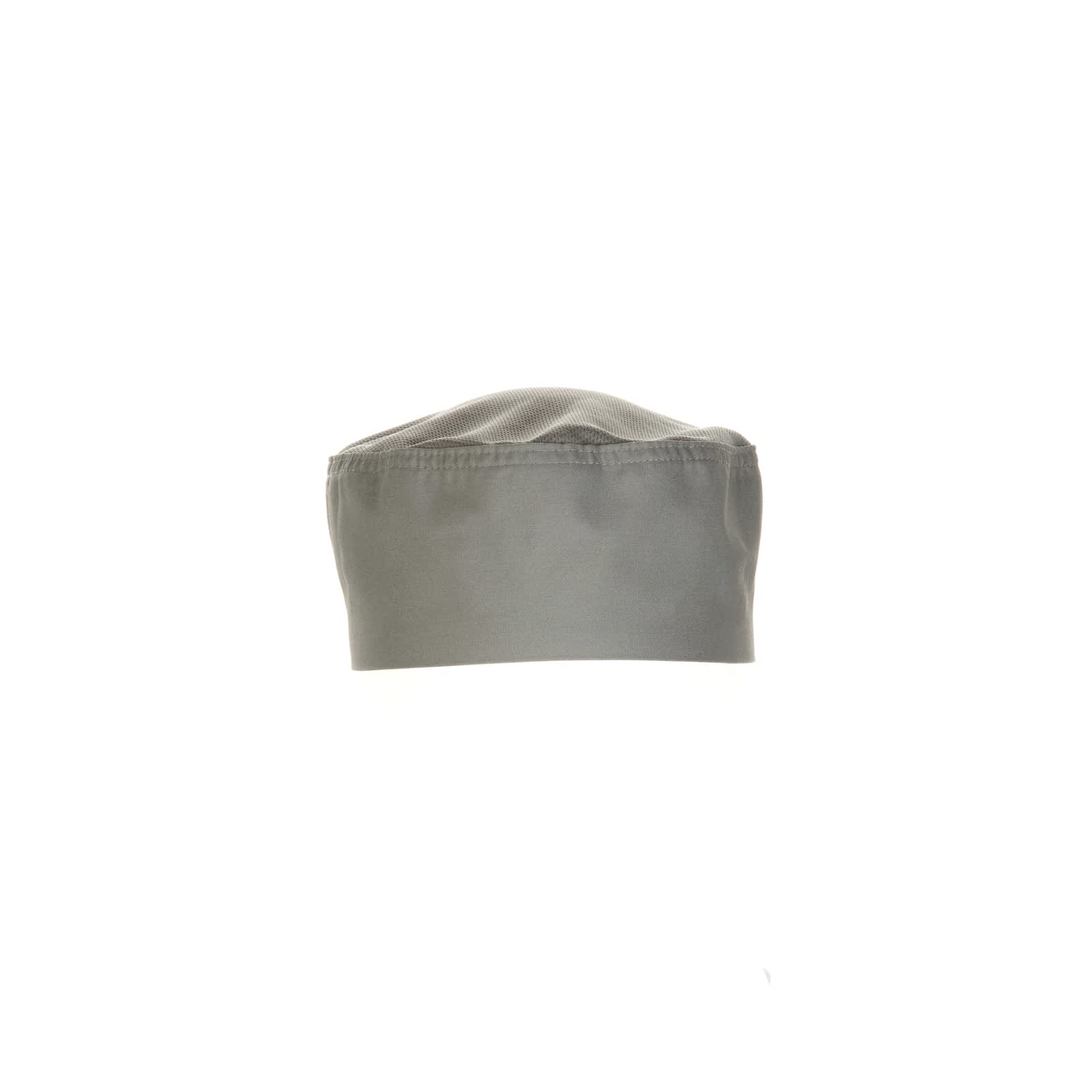 A grey chef beanie with a ventilated top. It features a solid band and includes a logo.