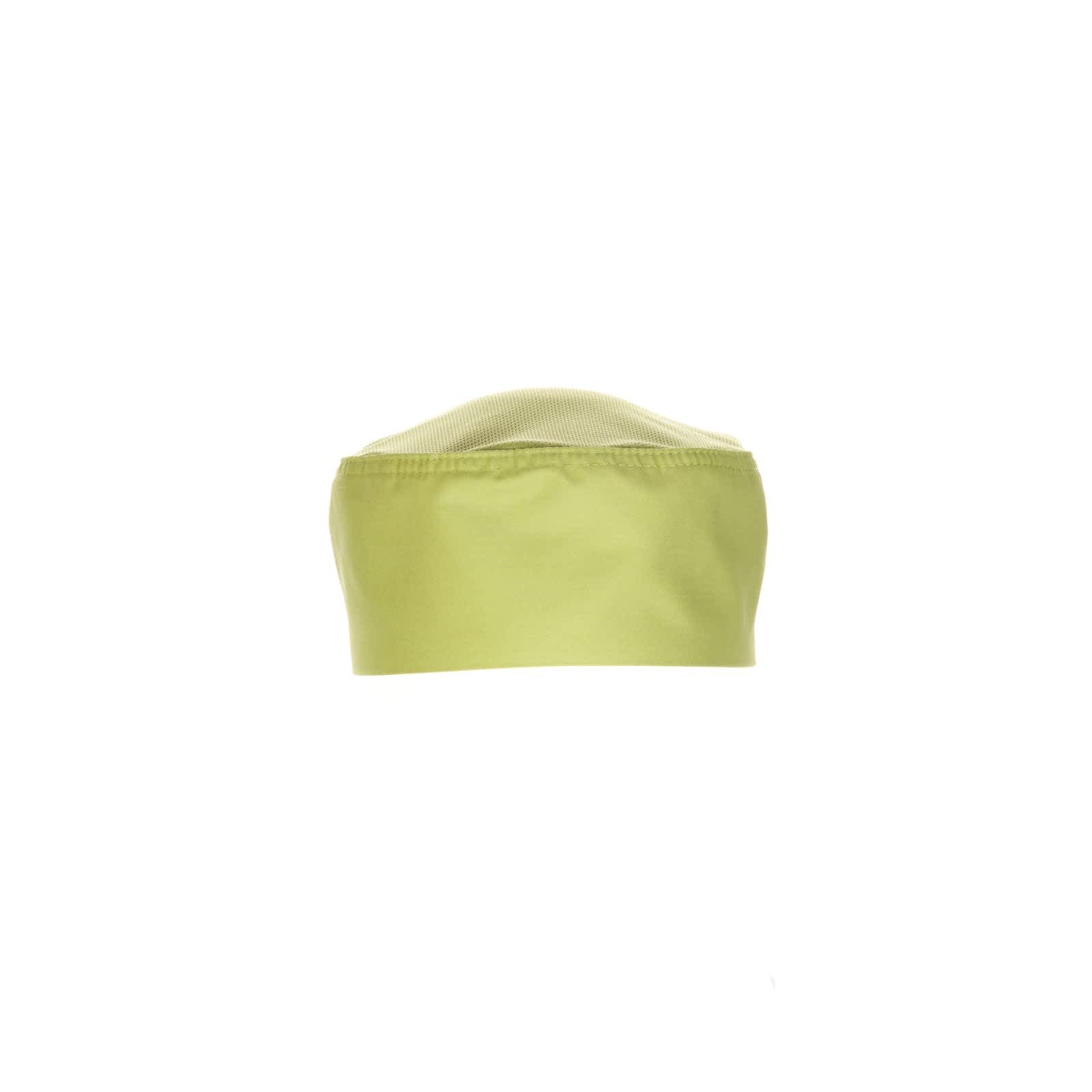 A light green chef beanie featuring a breathable mesh top and a logo on the front.