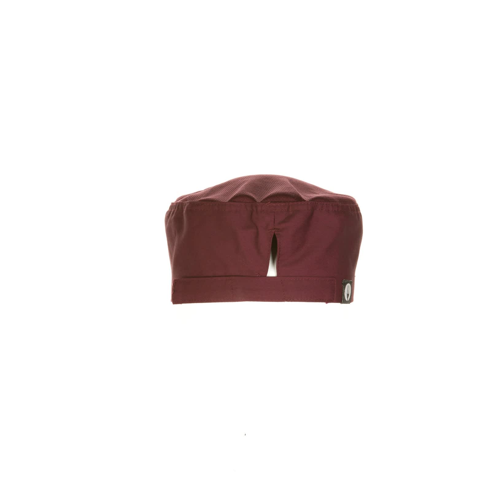 A maroon chef beanie featuring a ventilation opening at the back and a logo on the side.