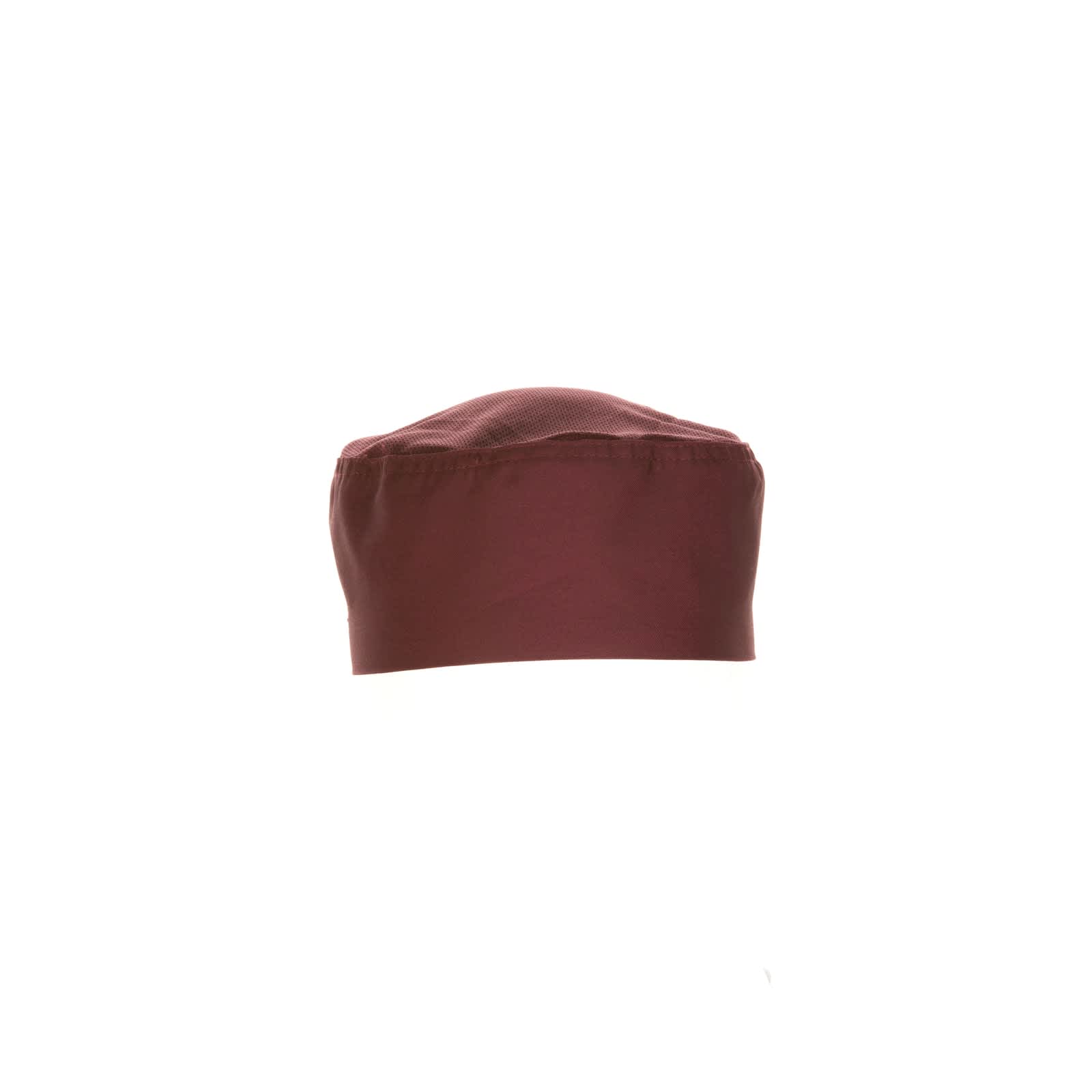 A burgundy chef beanie with a breathable design. Features a logo on the front.