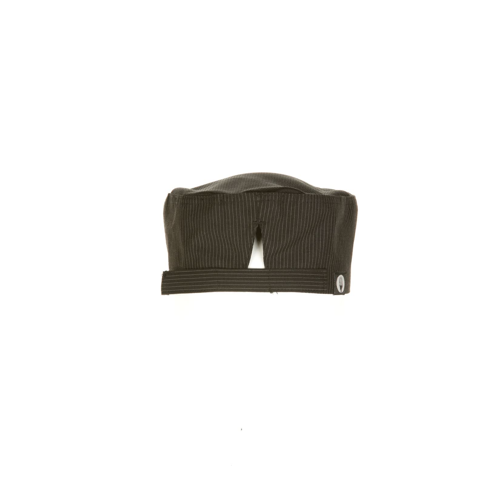 A black and white pinstriped chef beanie with a back vent and a button detail. Features a branded logo.