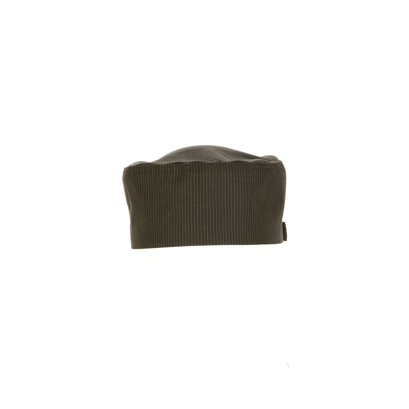 A dark grey striped chef beanie with a fitted design and a small branding logo on the side.